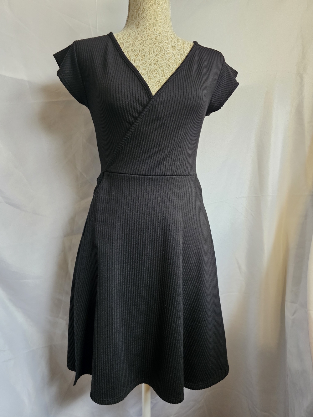 Antistar Black V-Neck Faux Wrap Fit & Flare Dress With Side Tie. Sz XS